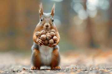 funny Squirrel holding a lot of nuts in its paws. animals cache food for the winter