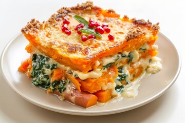 Baked Sweet Potato and Carrot Gratin with Pomegranate Garnish