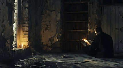 An evocative image of a solitary lighthouse keeper reading an ancient book by candlelight in a weathered lighthouse, with the flickering flame casting long shadows on the walls, highlighting the