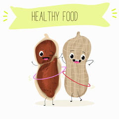 Cute peanut nut characters, funny nuts, with different activities, outdoor, sports,musical instrument. Organic food, healthy food, illustrations for kids menu.