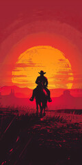 Silhouette of a cowboy riding a horse against a fiery sunset.