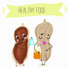 Cute peanut nut characters, funny nuts, with different activities, outdoor, sports,musical instrument. Organic food, healthy food, illustrations for kids menu.
