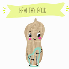 Cute peanut nut characters, funny nuts, with different activities, outdoor, sports,musical instrument. Organic food, healthy food, illustrations for kids menu.