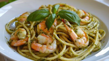 Healthy Style Spaghetti with Seafood in a Homemade Pesto Sauce