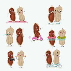 Cute peanut characters set, collection. Flat vector illustration. Activities, playing musical instruments, sports, funny fruits.