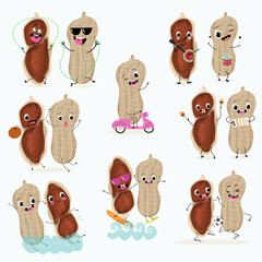 Cute peanut characters set, collection. Flat vector illustration. Activities, playing musical instruments, sports, funny fruits.