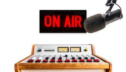 Microphone in radio studio and on air sign