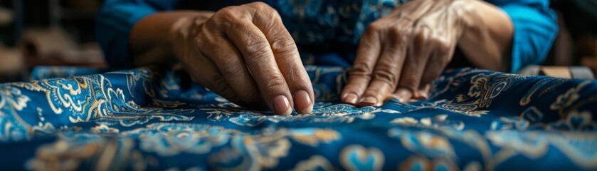 A designer preparing a textile pattern, close up, textile design theme, realistic, overlay, fabric workshop backdrop