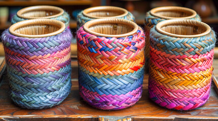 Colorful handwoven baskets from recycled materials