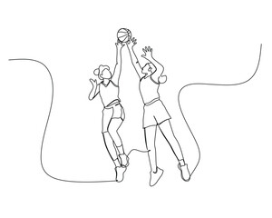 Continuous single line drawing of two female basketball players jumping high to fight for the ball. basketball tournament event . Design illustration