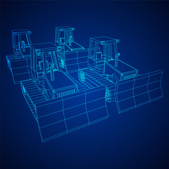 Big front-end loader bulldozer. Heavy equipment machine and manufacturing equipment for mining. Wireframe low poly mesh vector illustration.