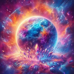 Obraz premium A vividly colored cosmic scene featuring a planet exploding with vibrant energies and floating debris in a surreal, outer space setting.. AI Generation