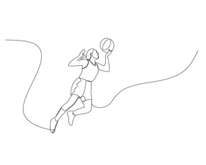 Continuous single line drawing of female basketball player jumps high to score. basketball tournament event . Design illustration