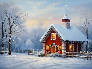 Christmas Winter Cottage House Nature Oil Painting Art