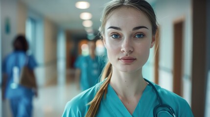 Obraz premium Portrait of young woman nurse at hospital corridor. 