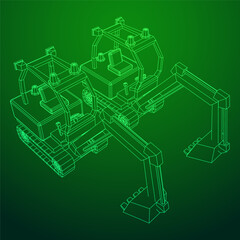 Heavy equipment excavator machine manufacturing power equipment for open pit mining. Wireframe low poly mesh vector illustration