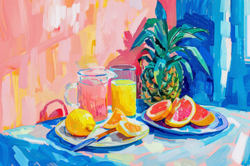 Food on The Table greek table with fruit, juice and bread, oil painting