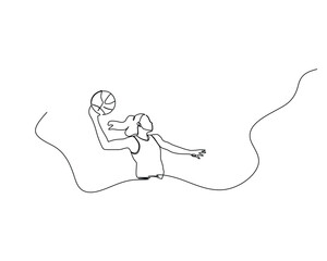 Continuous single line drawing of female basketball athlete doing a slam dunk. basketball tournament event . Design illustration