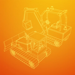 Heavy equipment excavator machine manufacturing power equipment for open pit mining. Wireframe low poly mesh vector illustration