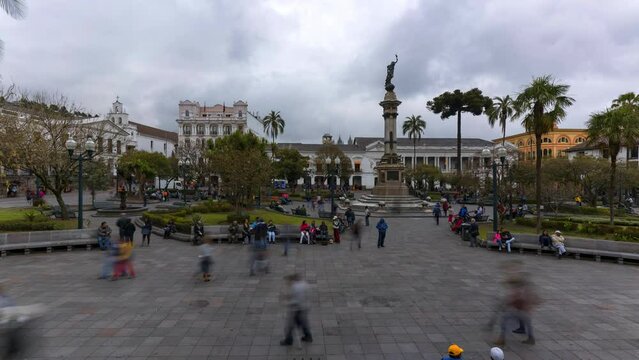 Panning Time Lapse Shot Of Tourists At Independence Square In City - Quito, Ecuador