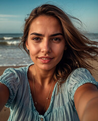 Capturing Summer Moments: Woman Taking Selfies on the Beach