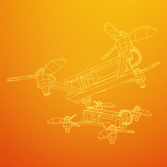 FPV Drone Racing freestyle sport flight. Hobby toys. Wireframe low poly mesh vector illustration.