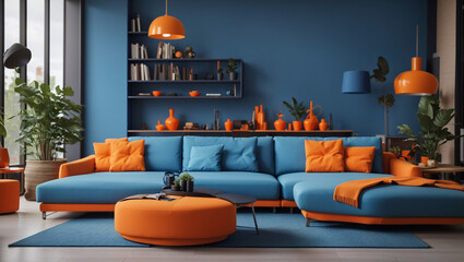 A blue and orange living room with a couch, coffee table, rug, plants, and bookshelves.