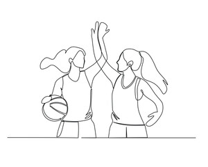 Continuous single line drawing of Two female basketball athletes high-five after scoring. basketball tournament event . Design illustration
