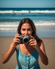 Summer Fun: Woman Taking Selfies by the Sea