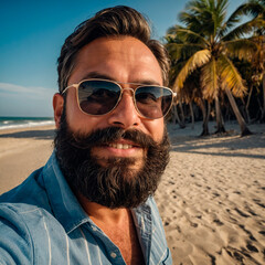Sun, Sand, and Selfies: Bearded Man on the Beach