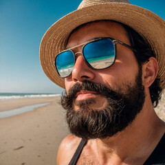 Bearded Man Taking a Selfie on a Sunny Beach Day