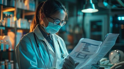 A doctor reviewing patient records, focus on, health assessment theme, vibrant, blend mode, medical office backdrop