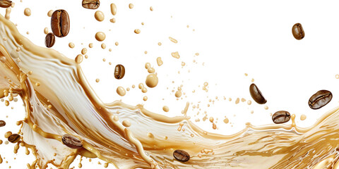 Milk Brown coffee liquid swirl splash and little bubbles with falling coffee Beans isolated white on background