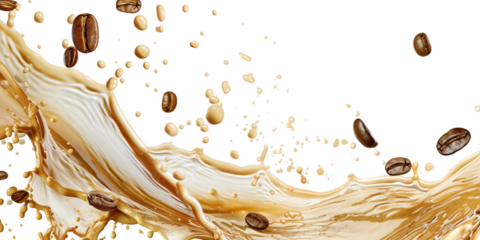 Milk Brown coffee liquid swirl splash and little bubbles with falling coffee Beans isolated white on background
