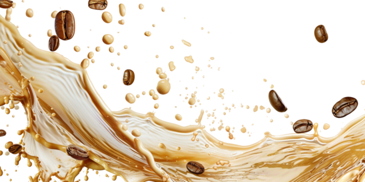 Milk Brown coffee liquid swirl splash and little bubbles with falling coffee Beans isolated white on background
