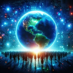 Obraz premium Futuristic image depicting a glowing Earth superimposed on a circuit board background with a crowd of silhouettes approaching, symbolizing global connectivity.. AI Generation
