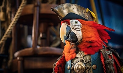 Colourful parrot in a pirate costume for a theme party or event.