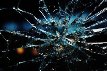 Obraz premium Cracked glass object on black background, broken glass texture, broken glass shards on black background