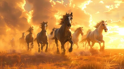 Fototapeta premium Wild horses running free in the open field at sunset