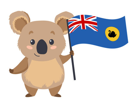 Cute cartoon koala with Western Australia flag on white background, vector illustration