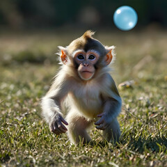 A mischievous monkey juggling a white ball against a bright blue background. (Highlights the monkey's playful personality)