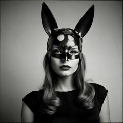 Graphic black and white portrayal of a stunning 20-year-old adorned with a black bunny mask and ears
