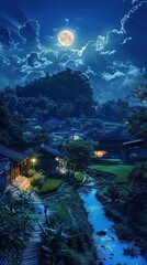 Night village with rice fields consecrated by the light of the polo moon