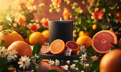 A black burning candle among oranges and grapefruits