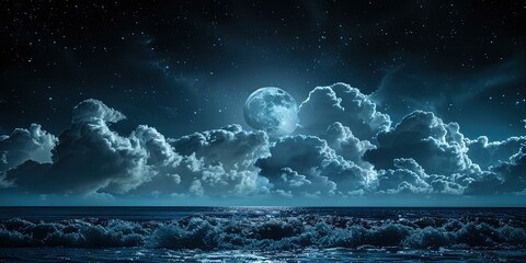 Clouds and the super moon over the ocean at night