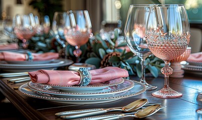 Color accent table setting. Glasses, plates, cutlery and pink napkins on table indoors