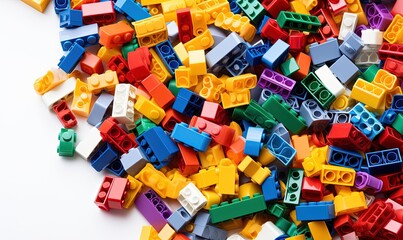 A toy constructor. Close-up of a haphazard pile of colorful toy bricks. View from above