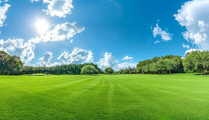 Beautiful green lawn with blue sky and clouds on background