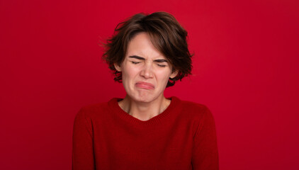 Close up portrait of unhappy young girl while she grimacing with closed eyes