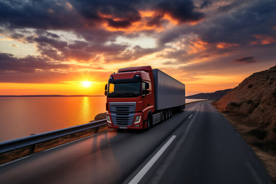 Truck on the road with sunset above the sea at background. Delivery, transport concepts. Created using generative AI tools